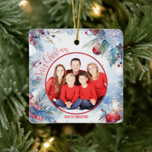 Watercolor Merry Christmas Winter Border Photo Ceramic Ornament