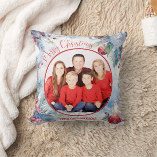 Watercolor Merry Christmas Winter Border Photo Cushion