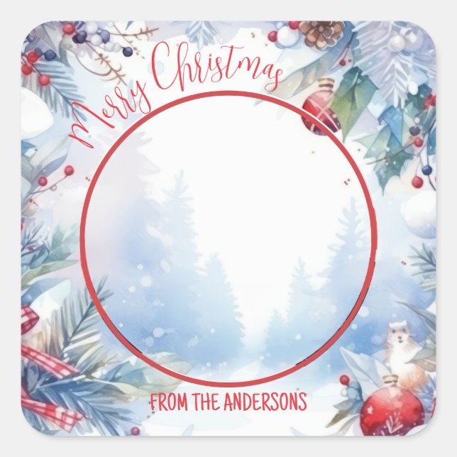 Watercolor Merry Christmas Winter Border Photo Square Sticker (Front)