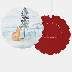 Watercolor Merry Christmas Wishes Fox & Tree Decoration Card