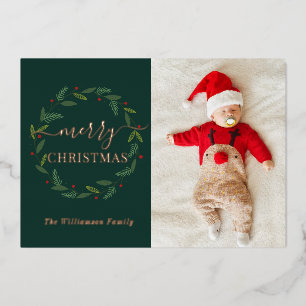 Watercolor Merry Christmas Wreath Baby Photo Foil Holiday Card