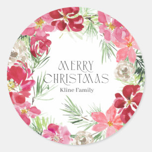Watercolor Merry Christmas Wreath Classic Round Sticker