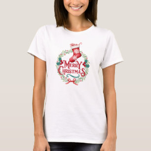 Watercolor Merry Christmas Wreath & Stocking T-Shirt