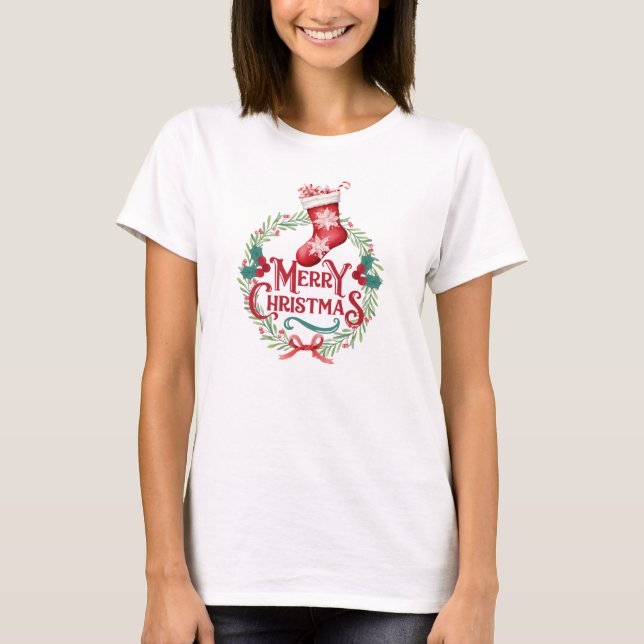 Watercolor Merry Christmas Wreath & Stocking T-Shirt (Front)