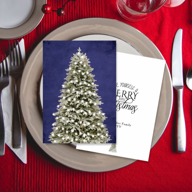 Watercolor Merry Little Christmas Tree Navy Blue Holiday Card (Creator Uploaded)