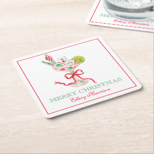 Watercolor Merry Mahjong Christmas Cocktail Party Square Paper Coaster