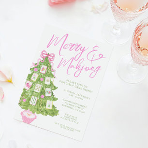 Watercolor Merry & Mahjong Christmas Tree Party Invitation