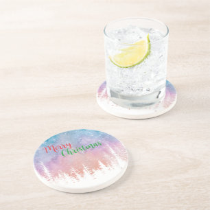 Watercolor merry wild Xmas Pine tree Holiday party Coaster