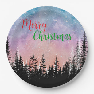 Watercolor merry wild Xmas Pine tree Holiday party Paper Plate