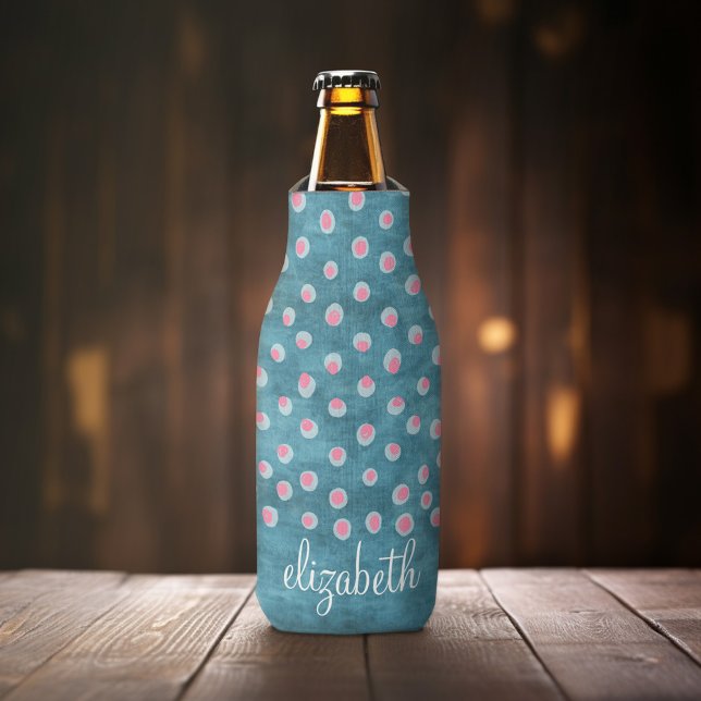Watercolor Messy Polka Dots - blue and pink Bottle Cooler (Personalized Bottle Cooler - Add Name or Custom Text)