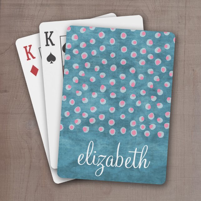 Watercolor Messy Polka Dots - blue and pink Playing Cards (Personalize this set of playing cards with a monogram and funky pink polka dots)