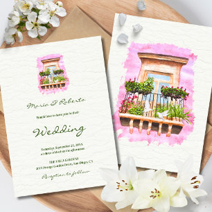 Watercolor Mexican Balcony with Pink Frame Wedding Invitation