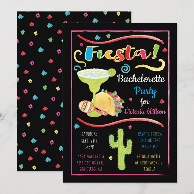 Watercolor Mexican Fiesta Bachelorette Party Invitation (Front/Back)