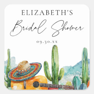 Watercolor Mexican Fiesta Cactus Bridal Shower Square Sticker
