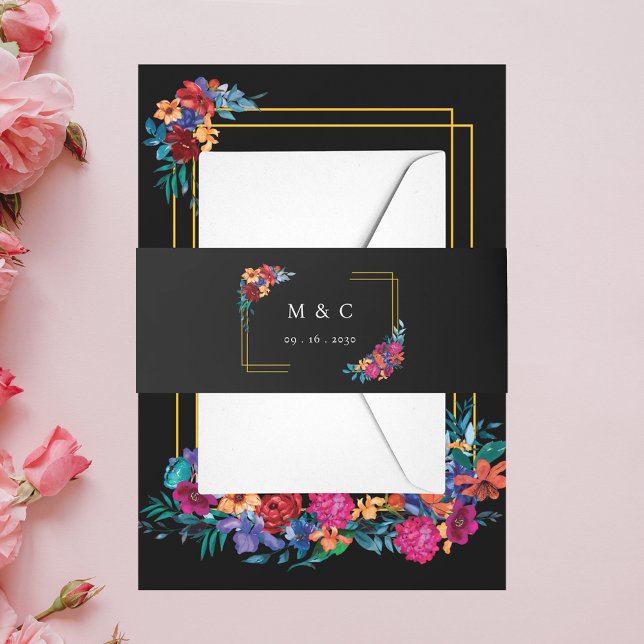 Watercolor Mexican Fiesta Flower Black Wedding Invitation Belly Band (Creator Uploaded)