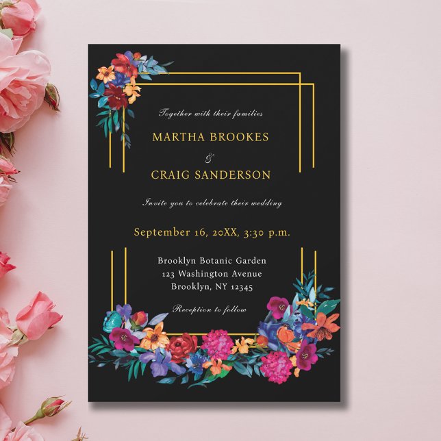 Watercolor Mexican Fiesta Flower Wedding Black Invitation (Creator Uploaded)