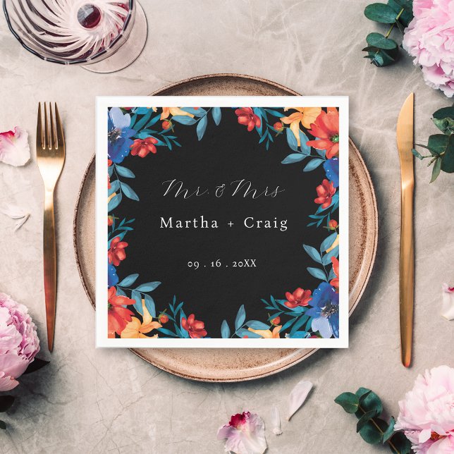 Watercolor Mexican Fiesta Flower Wedding Black Napkin (Creator Uploaded)