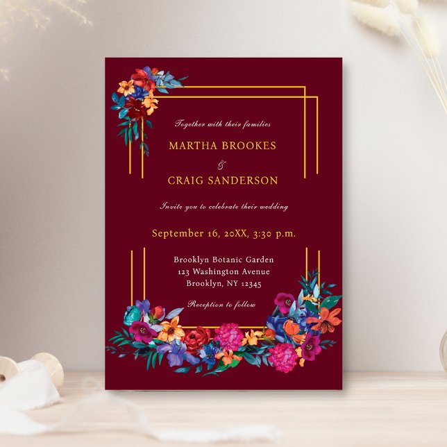 Watercolor Mexican Fiesta Flower Wedding Burgundy Invitation (Creator Uploaded)