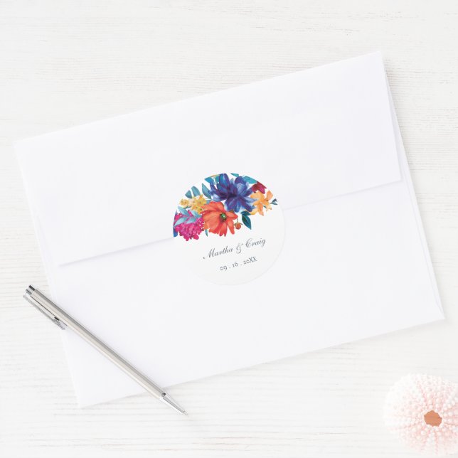 Watercolor Mexican Fiesta Flower Wedding Classic Round Sticker (Envelope)