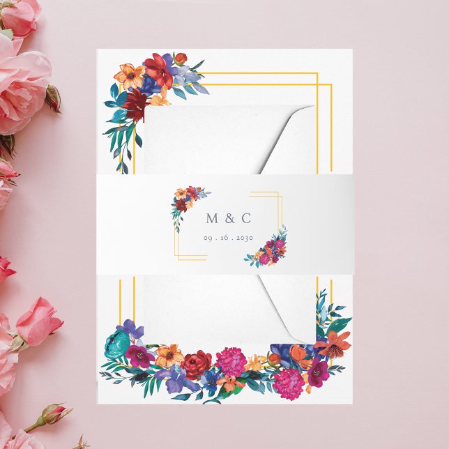 Watercolor Mexican Fiesta Flower Wedding Invitation Belly Band (Creator Uploaded)