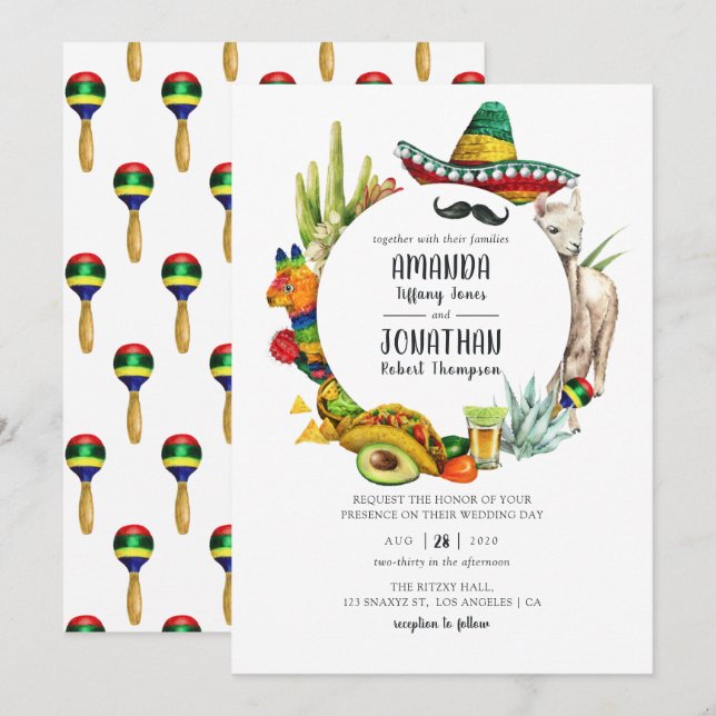 Watercolor Mexican Fiesta Wedding Invitation (Front/Back)