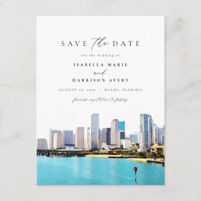 Watercolor Miami Florida Skyline Save the Date Postcard (Front)