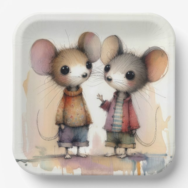 Watercolor Mice Paper Plate (Front)