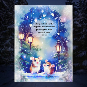 Watercolor Mice Peace On Earth Snow Trees Holiday Postcard