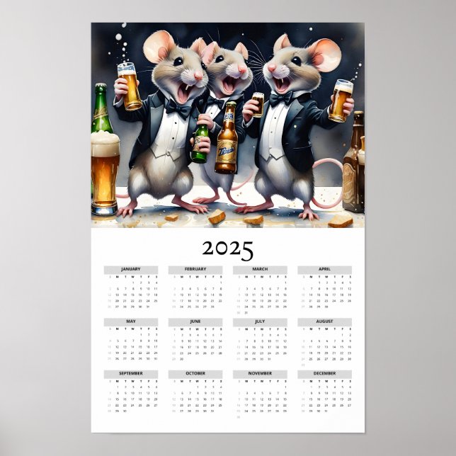 Watercolor Mice Toasting Tuxedo 2025 Wall Calendar Poster (Front)