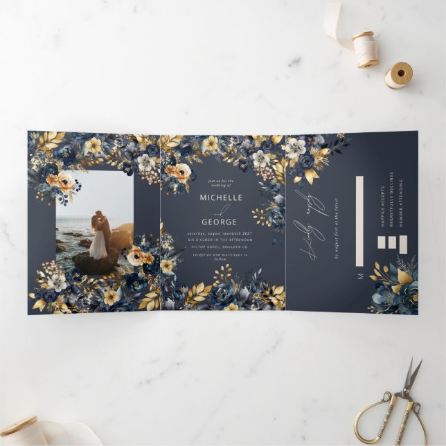 Watercolor Midnight Blue Gold Floral Tri-Fold Invitation (Inside)