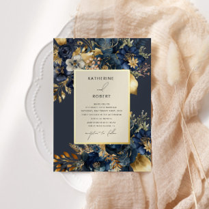 Watercolor Midnight Blue Gold Floral Wedding
