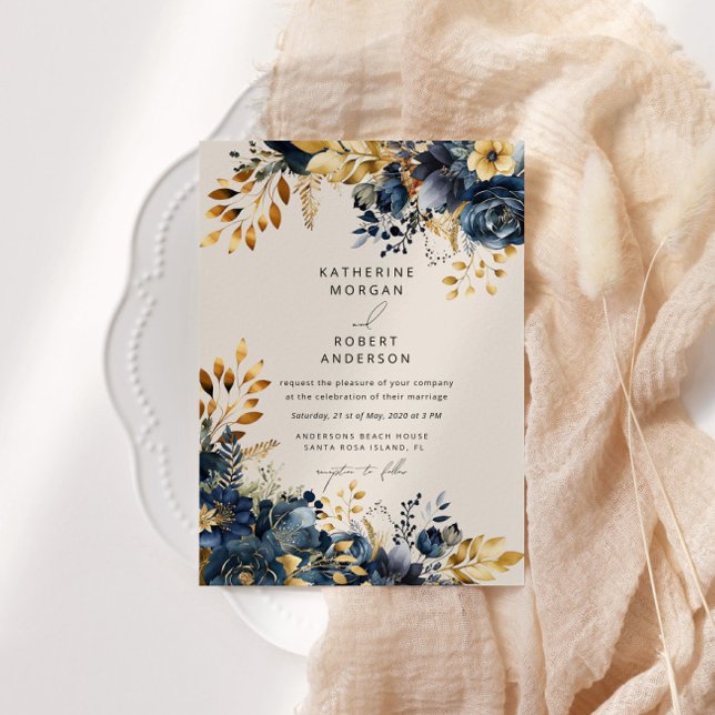 Watercolor Midnight Blue Gold Floral Wedding Invitation (Creator Uploaded)