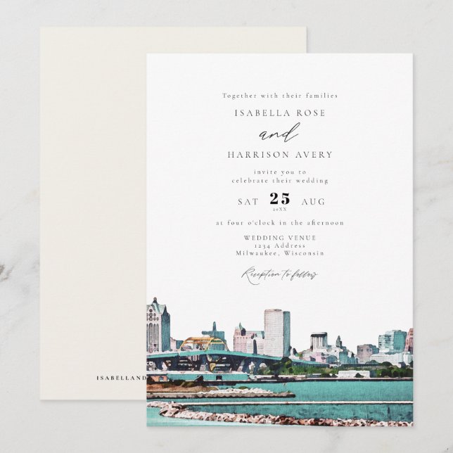 Watercolor Milwaukee Wisconsin Skyline Wedding Invitation (Front/Back)