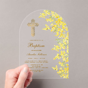 Watercolor Mimosa Arch Baptism Acrylic Invitations