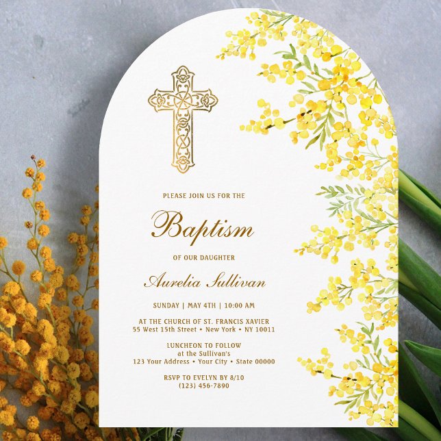 Watercolor Mimosa Arch Baptism Invitation (Creator Uploaded)