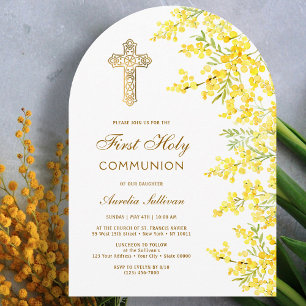Watercolor Mimosa Arch First Communion Invitation