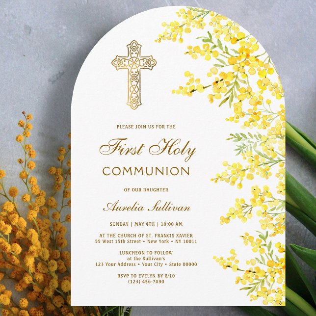 Watercolor Mimosa Arch First Communion Invitation (Creator Uploaded)