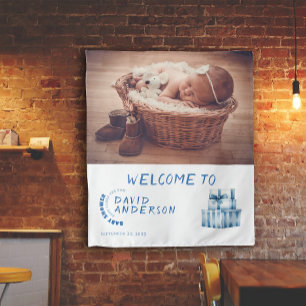 Watercolor minimalist baby shower boy photo tapestry