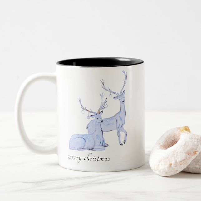 Watercolor Minimalist Merry Christmas Reindeer  Two-Tone Coffee Mug (With Donut)