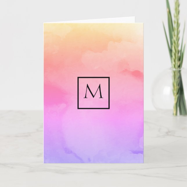 Watercolor Minimalist Rectangle Monogram Note Card (Front)