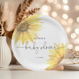 Watercolor minimalist sunflower baby shower paper plate