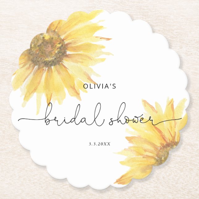 Watercolor minimalist sunflower bridal shower paper coaster (Front)