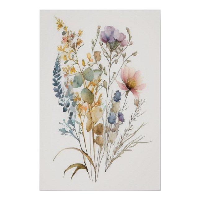 Watercolor Minimalist Wildflowers Art Print, Poster (Front)