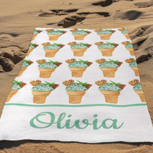 Watercolor Mint Chocolate Ice Cream Personalised Beach Towel