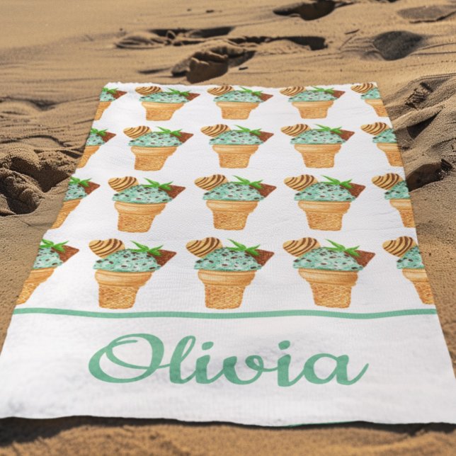 Watercolor Mint Chocolate Ice Cream Personalised Beach Towel (Creator Uploaded)