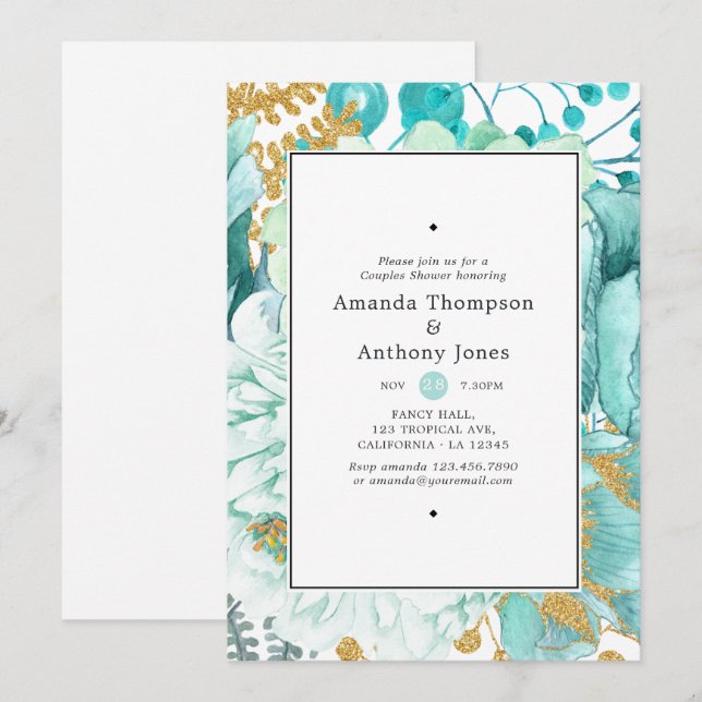 Watercolor Mint Floral Couples Shower Invitation (Front/Back)