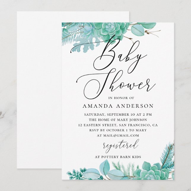 Watercolor mint floral succulents baby shower invitation (Front/Back)