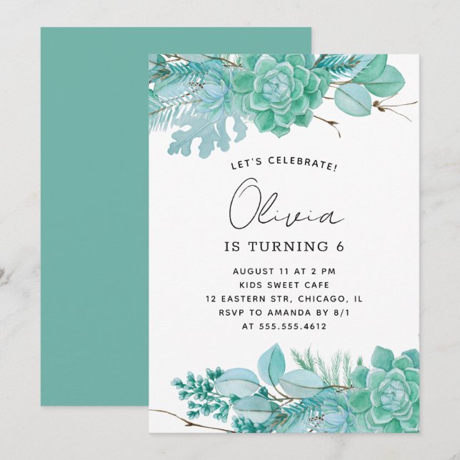 Watercolor mint floral succulents kids birthday invitation (Front/Back)