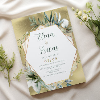 Watercolor mint gold foliage geometric wedding invitation