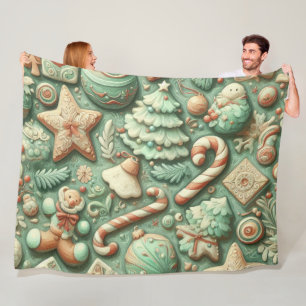 Watercolor Mint Green Christmas Motifs Holiday Fleece Blanket